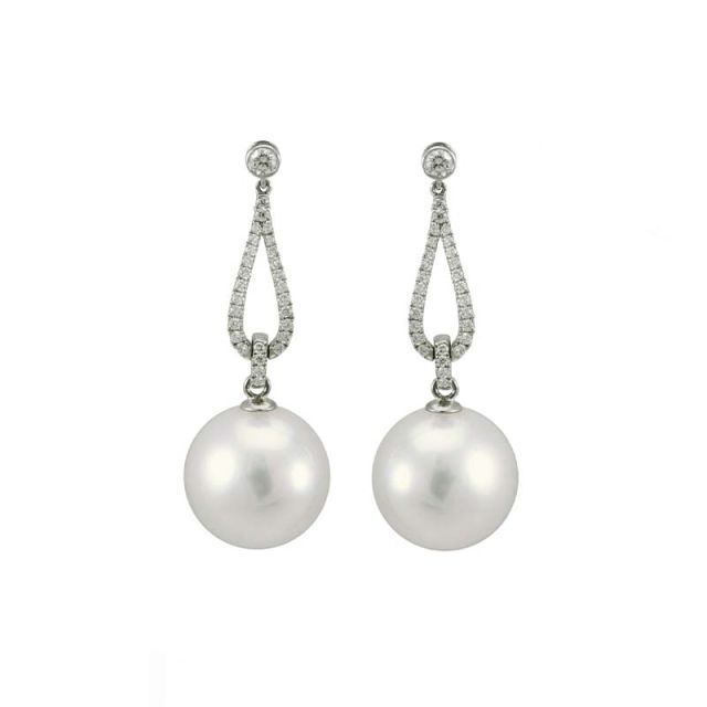 South Sea Pearl & Diamond 3 Claw Hook Wire Drop Earrings